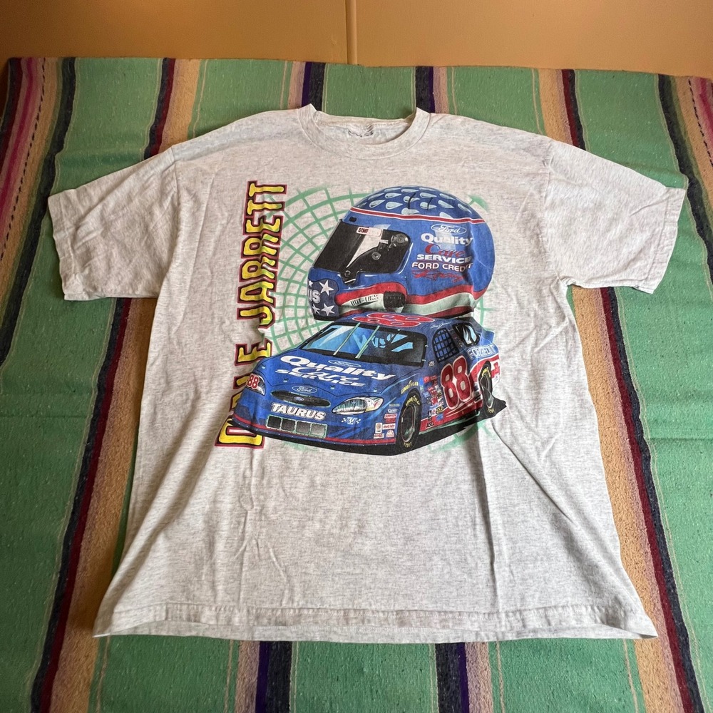 Vintage 1990s NASCAR Dale Jarrett TShirt Mens XL Gray Ford Racing 88 Graphic Tee